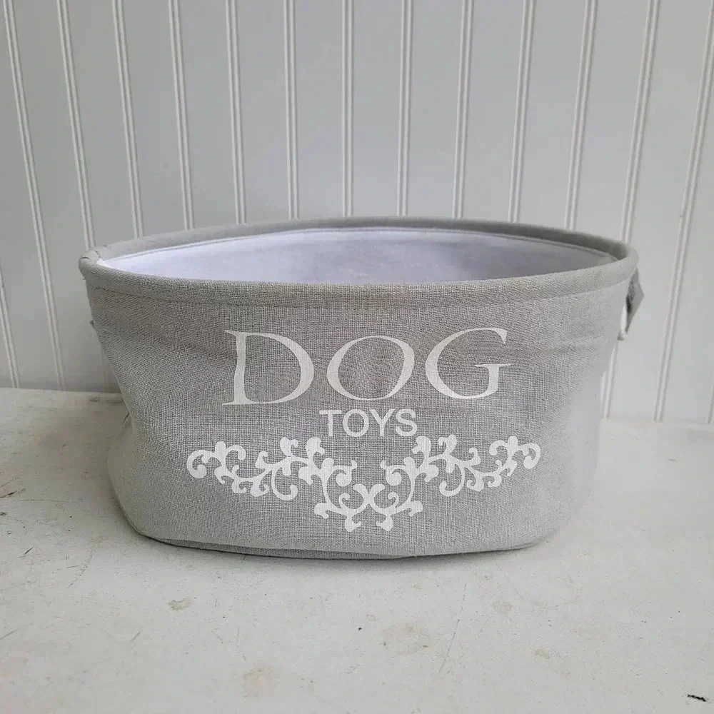 Dog Toys Oval Gray Canvas w/Handles Storage Basket Organizer Bin Box 7.5x15x12